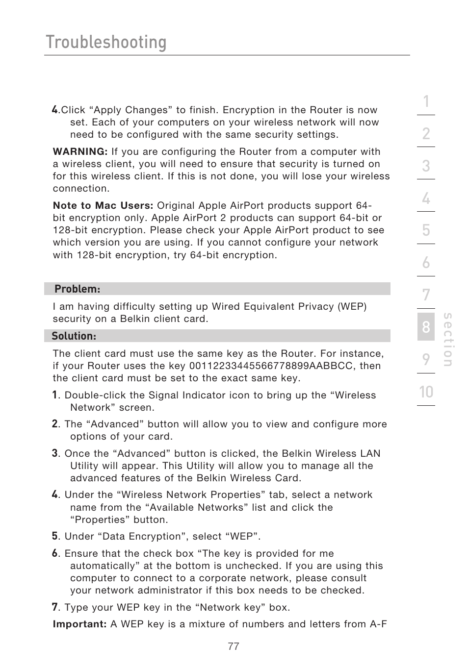 Troubleshooting, Se ct io n | Belkin F5D9630-4 User Manual | Page 79 / 88