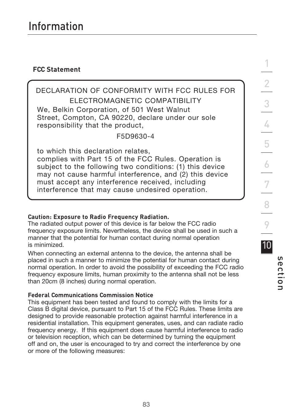 Information, Se ct io n | Belkin F5D9630-4 User Manual | Page 85 / 88