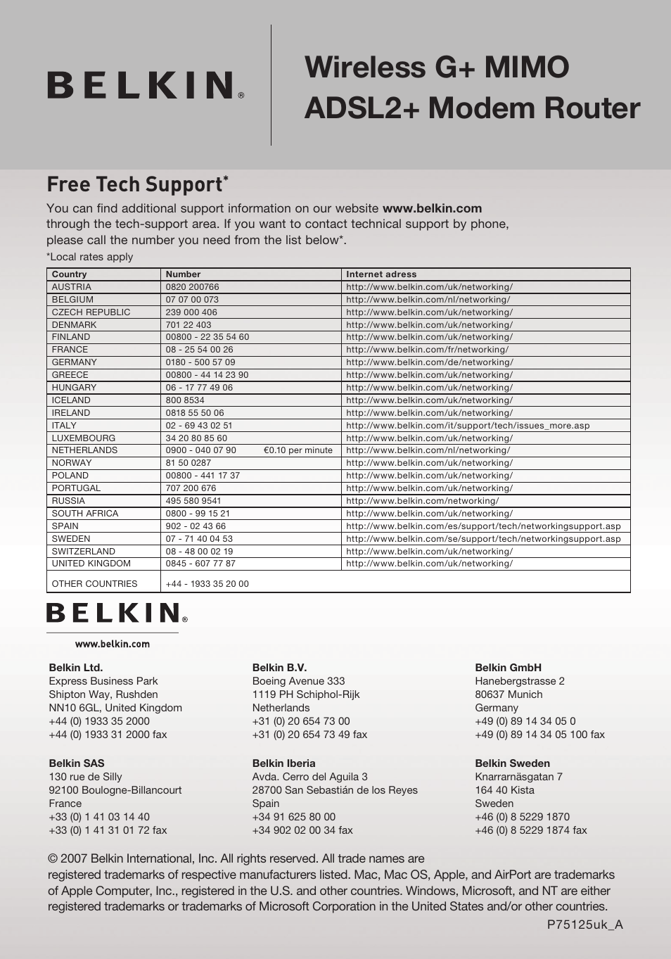 Wireless g+ mimo adsl2+ modem router, Free tech support | Belkin F5D9630-4 User Manual | Page 88 / 88