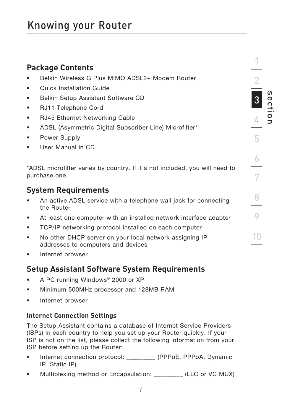 Knowing your router, Se ct io n | Belkin F5D9630-4 User Manual | Page 9 / 88