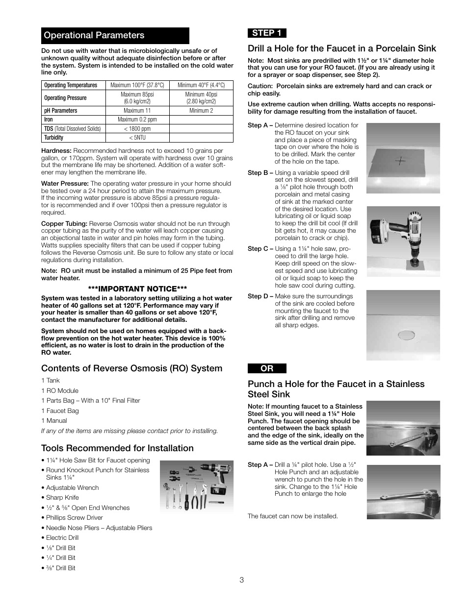 Operational parameters, Contents of reverse osmosis (ro) system, Tools recommended for installation | Drill a hole for the faucet in a porcelain sink, Step 1 | Watts PWRO4ZRO User Manual | Page 3 / 16