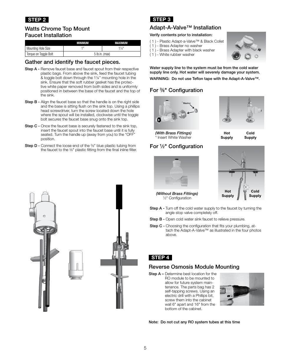 Reverse osmosis module mounting, Adapt-a-valve™ installation, Configuration for | Configuration, Step 4, Step 2, Step 3 | Watts PWRO4ZRO User Manual | Page 5 / 16