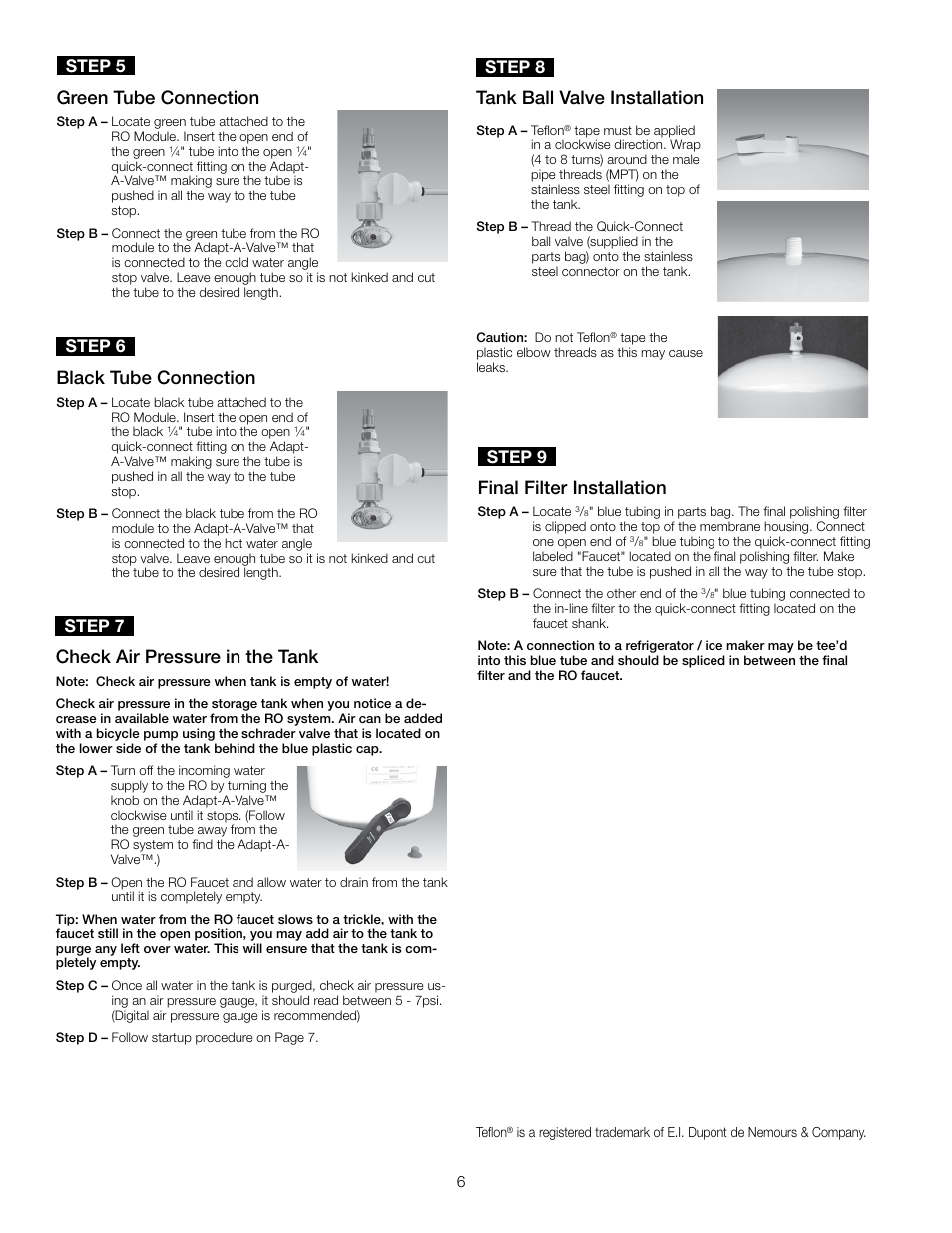 Green tube connection, Black tube connection, Final filter installation | Check air pressure in the tank, Tank ball valve installation, Step 5, Step 6, Step 9, Step 7, Step 8 | Watts PWRO4ZRO User Manual | Page 6 / 16