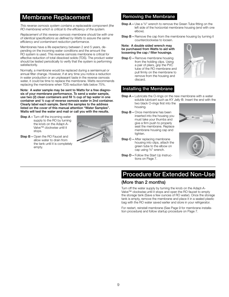 Membrane replacement, Procedure for extended non-use, Removing the membrane | Installing the membrane, More than 2 months) | Watts PWRO4ZRO User Manual | Page 9 / 16