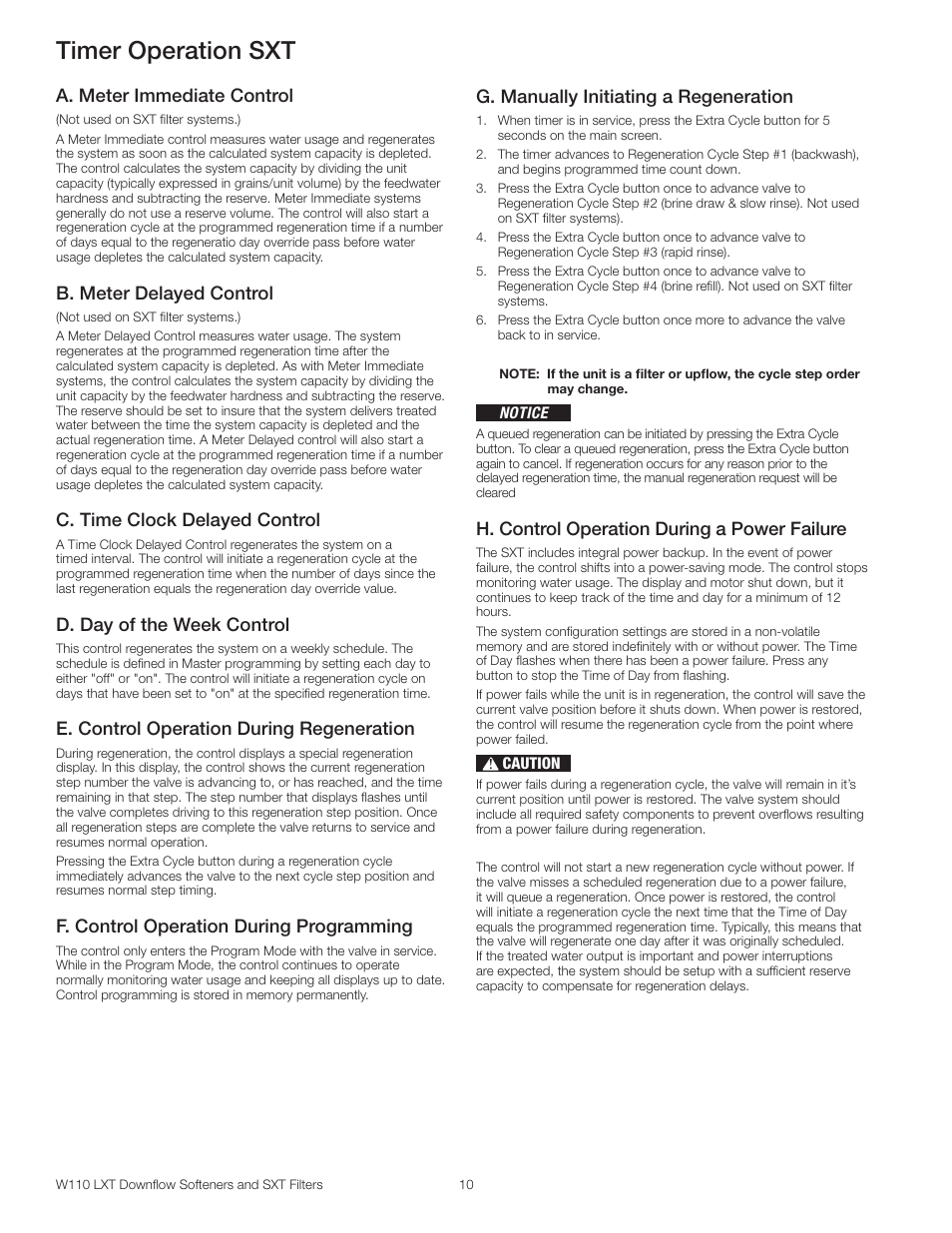 Timer operation sxt, A. meter immediate control, B. meter delayed control | C. time clock delayed control, D. day of the week control, E. control operation during regeneration, F. control operation during programming, G. manually initiating a regeneration, H. control operation during a power failure | Watts W110 Series User Manual | Page 10 / 32