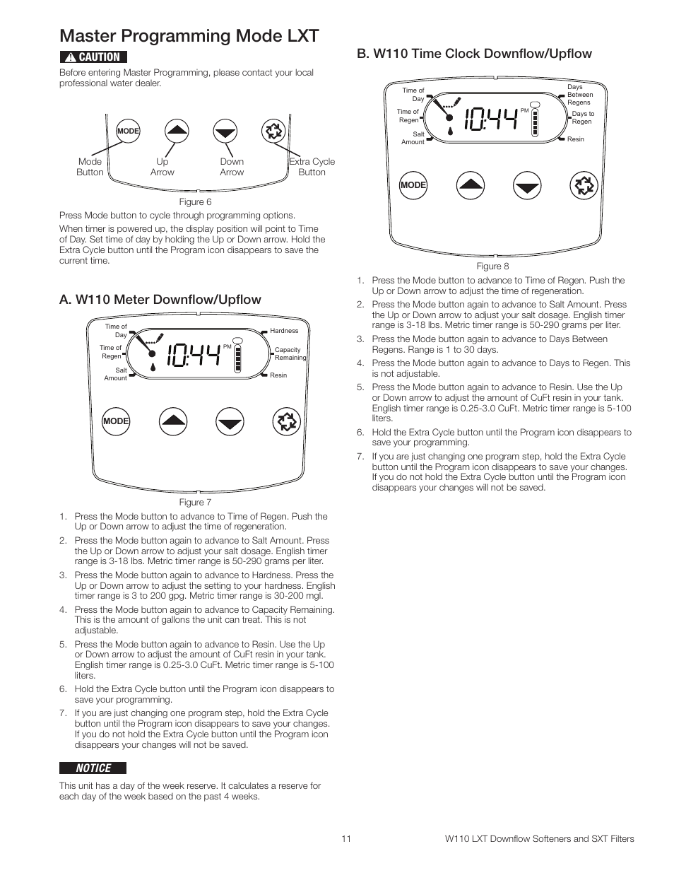 Master programming mode lxt, A. w110 meter downflow/upflow, B. w110 time clock downflow/upflow | Caution, Notice | Watts W110 Series User Manual | Page 11 / 32