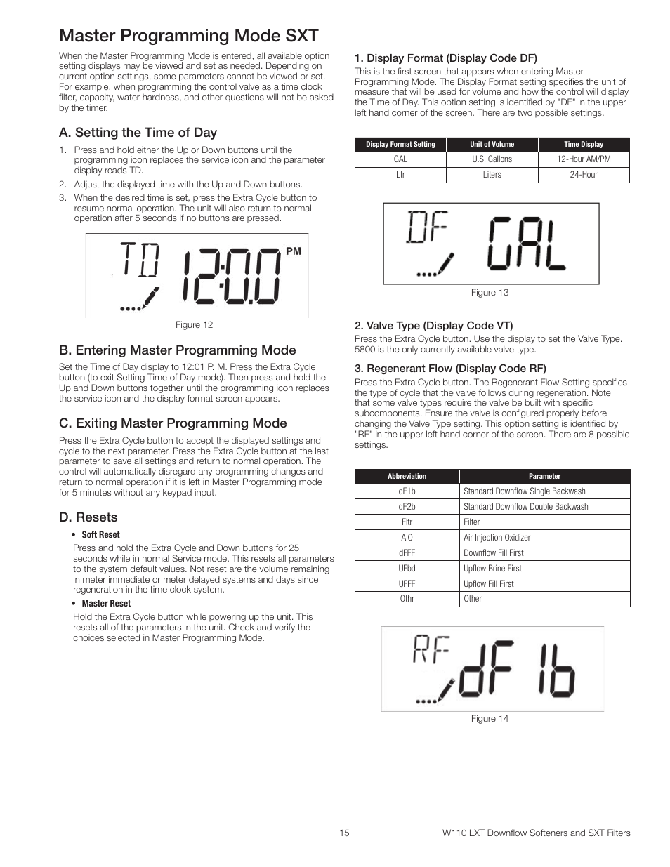 Master programming mode sxt, A. setting the time of day, B. entering master programming mode | C. exiting master programming mode, D. resets | Watts W110 Series User Manual | Page 15 / 32