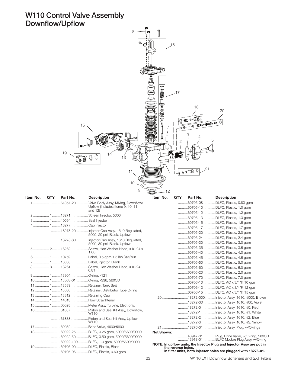 W110 control valve assembly downflow/upflow | Watts W110 Series User Manual | Page 23 / 32