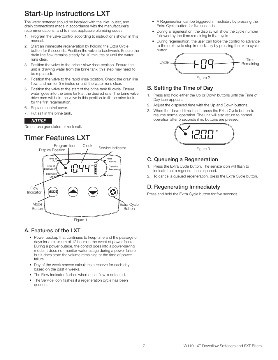 Start-up instructions lxt, Timer features lxt, B. setting the time of day | C. queueing a regeneration, D. regenerating immediately, A. features of the lxt | Watts W110 Series User Manual | Page 7 / 32