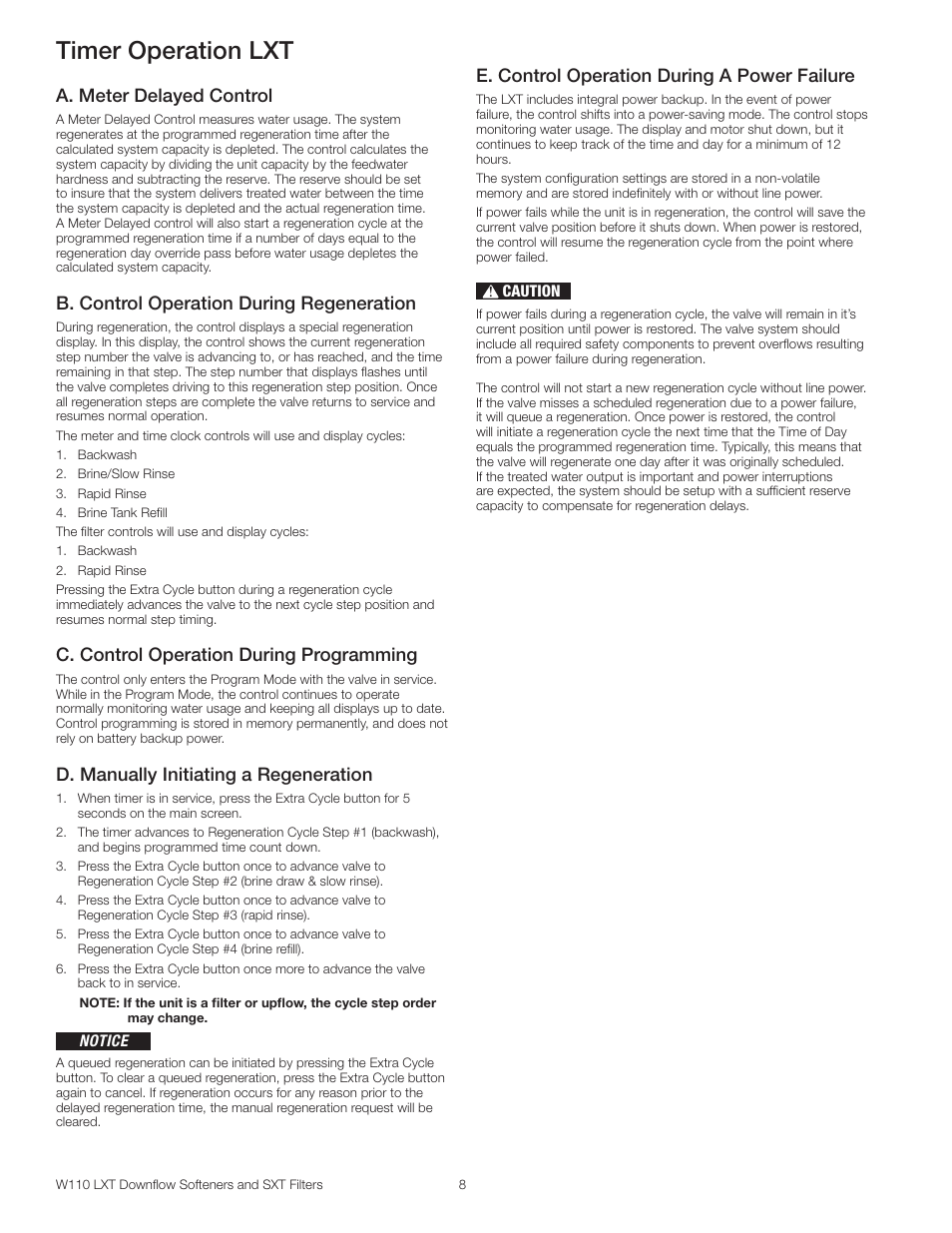 Timer operation lxt, A. meter delayed control, B. control operation during regeneration | C. control operation during programming, D. manually initiating a regeneration, Control operation during a power failure | Watts W110 Series User Manual | Page 8 / 32