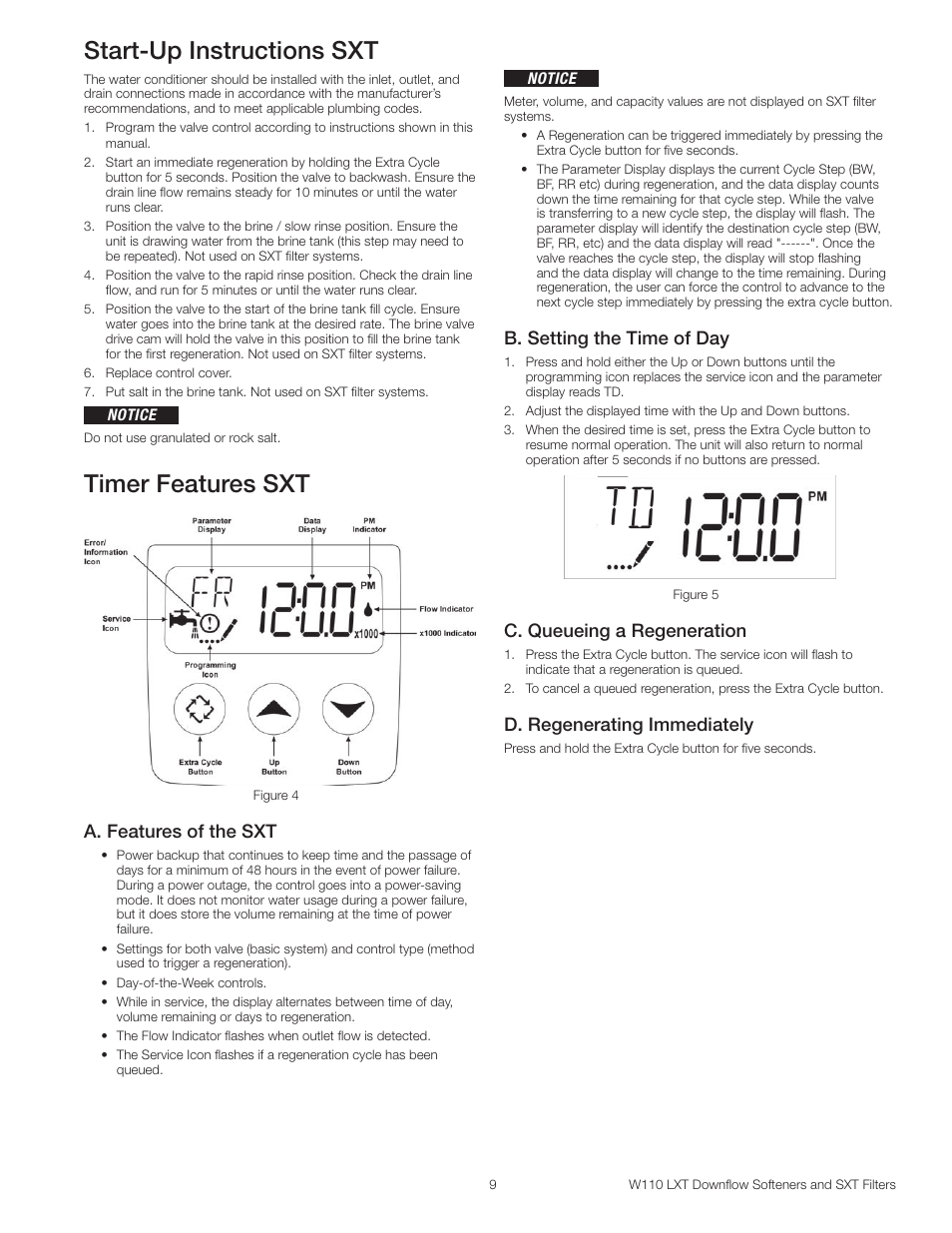 Start-up instructions sxt, Timer features sxt, A. features of the sxt | B. setting the time of day, C. queueing a regeneration, D. regenerating immediately | Watts W110 Series User Manual | Page 9 / 32