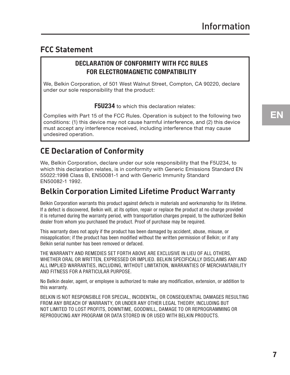 Information, Fcc statement, Ce declaration of conformity | Belkin F5U234 User Manual | Page 11 / 64