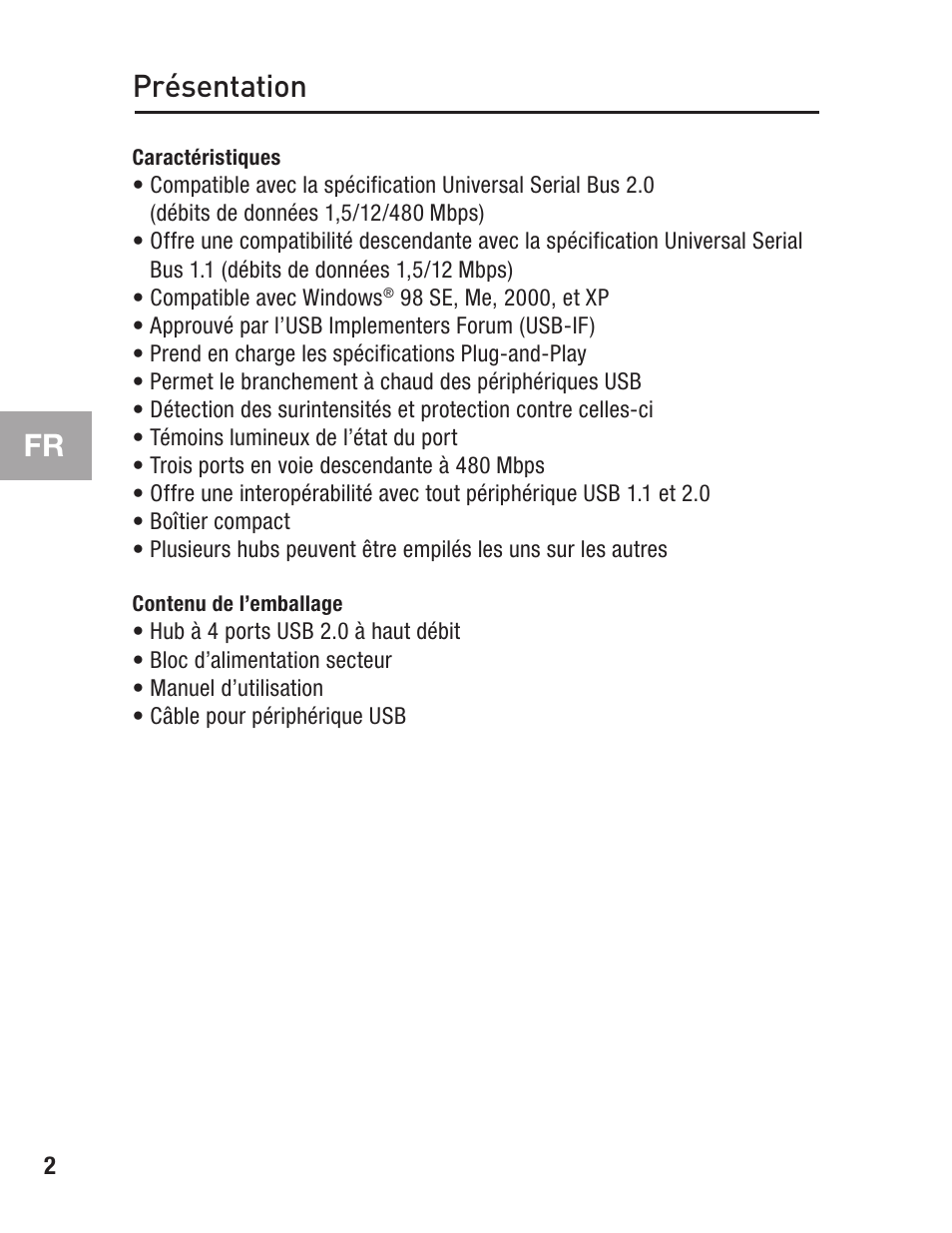 Présentation, Caractéristiques, Contenu de l’emballage | Belkin F5U234 User Manual | Page 16 / 64