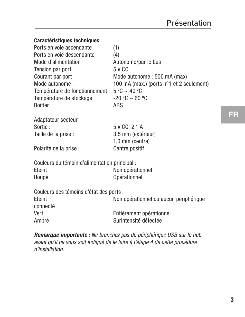 Caractéristiques techniques, Présentation | Belkin F5U234 User Manual | Page 17 / 64