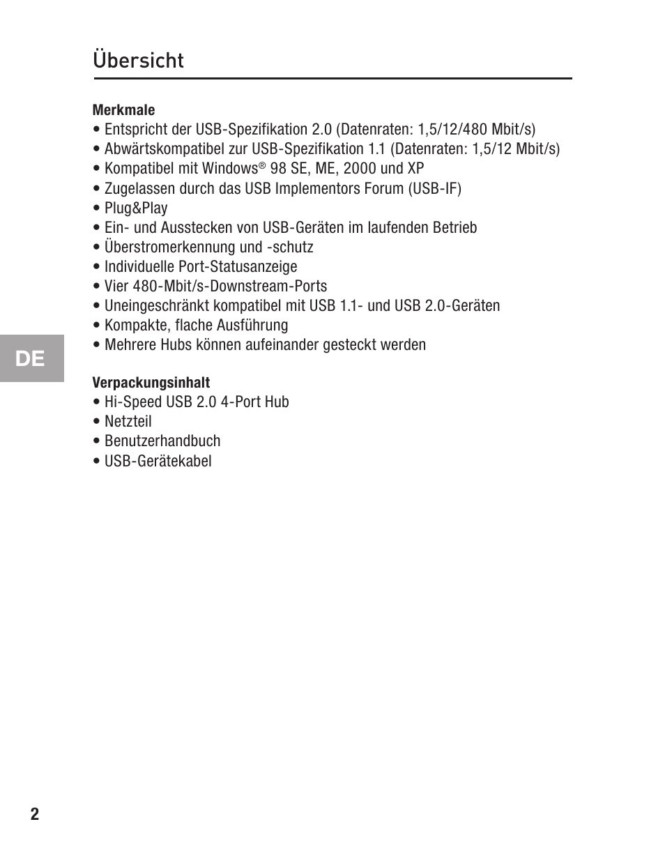 Übersicht, Merkmale, Verpackungsinhalt | Belkin F5U234 User Manual | Page 26 / 64