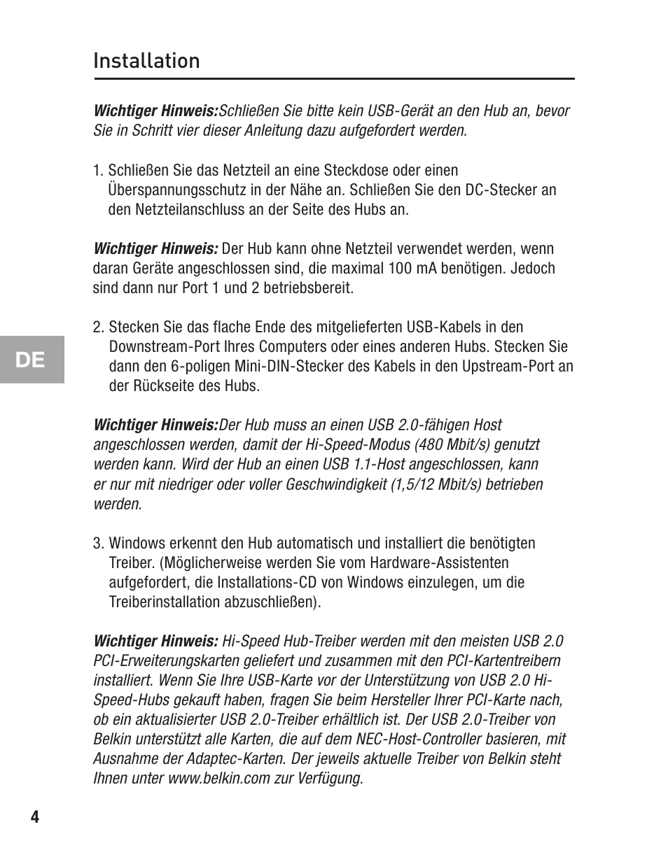 Installation | Belkin F5U234 User Manual | Page 28 / 64