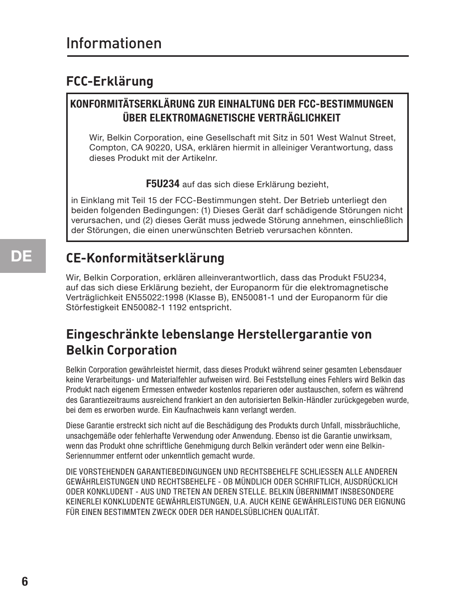 Informationen, Fcc-erklärung, Ce-konformitätserklärung | Belkin F5U234 User Manual | Page 30 / 64