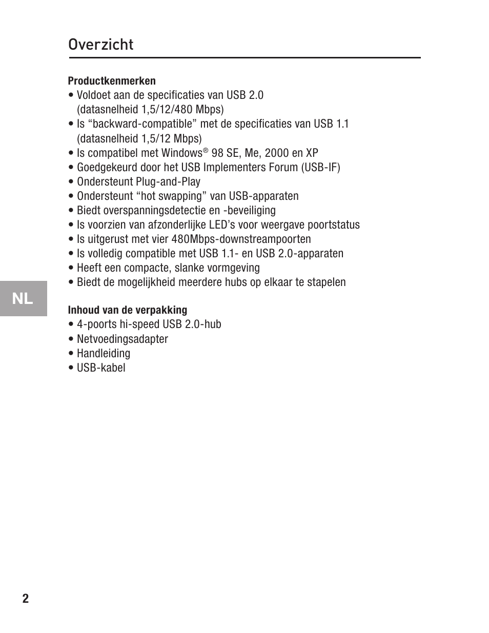 Overzicht, Productkenmerken, Inhoud van de verpakking | Belkin F5U234 User Manual | Page 36 / 64
