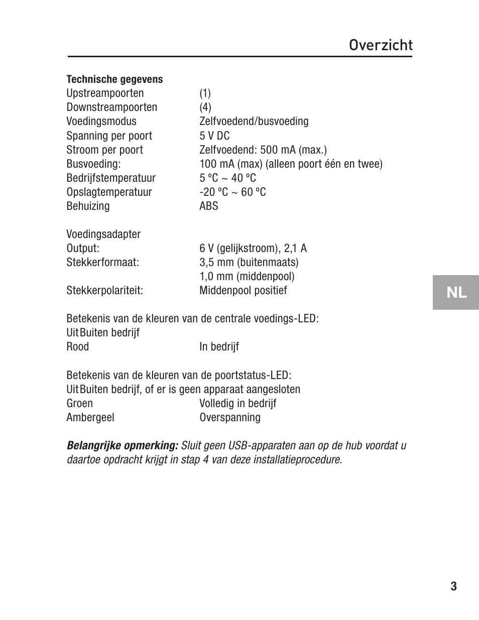Technische gegevens, Overzicht | Belkin F5U234 User Manual | Page 37 / 64