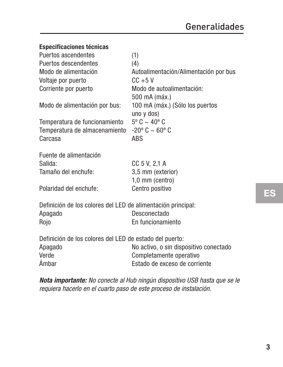 Especificaciones técnicas, Generalidades | Belkin F5U234 User Manual | Page 47 / 64