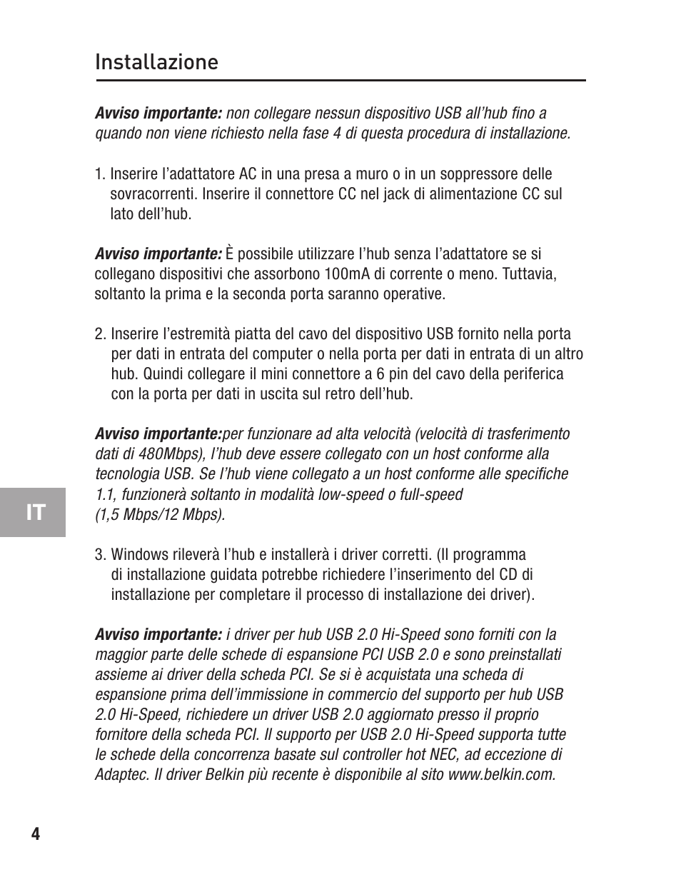 Installazione | Belkin F5U234 User Manual | Page 58 / 64