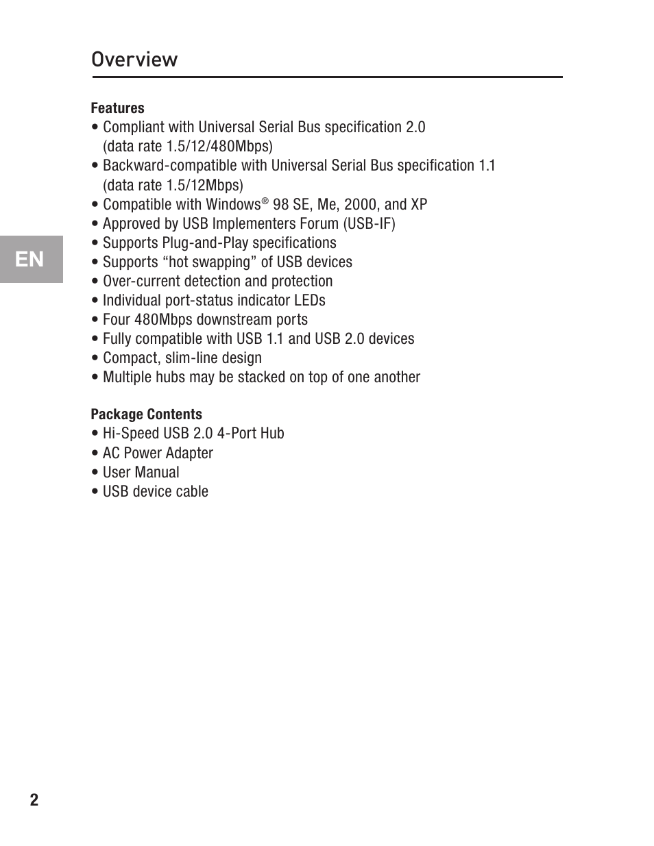 Overview, Features, Package contents | Belkin F5U234 User Manual | Page 6 / 64