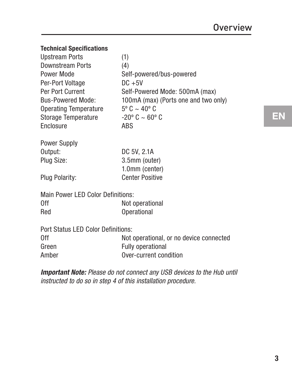 Technical specifications, Overview | Belkin F5U234 User Manual | Page 7 / 64