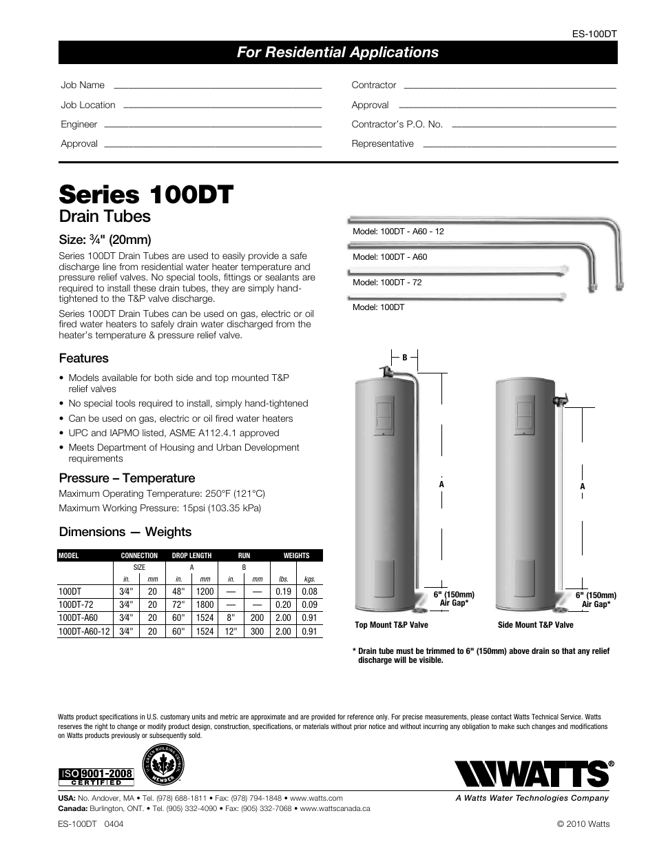 Watts 100DT-A60 User Manual | 1 page