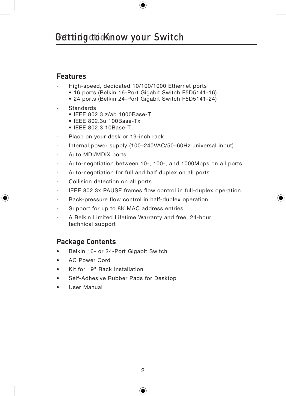 Introduction, Getting to know your switch, Features | Package contents | Belkin 16/24-Port Gigabit Switch P75179ea User Manual | Page 5 / 20