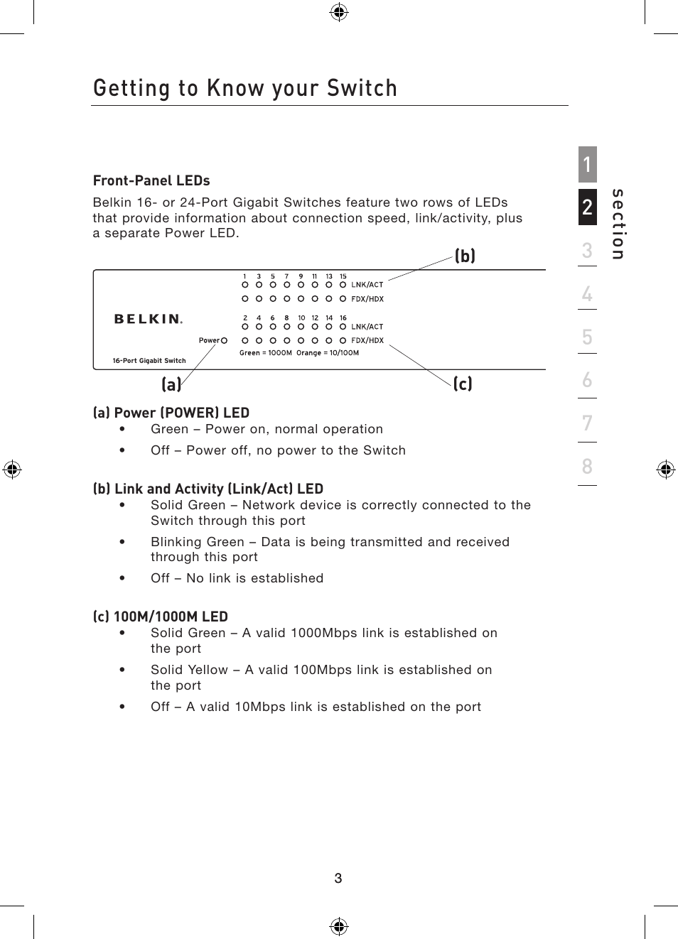 Introduction, Getting to know your switch, Se ct io n | Belkin 16/24-Port Gigabit Switch P75179ea User Manual | Page 6 / 20