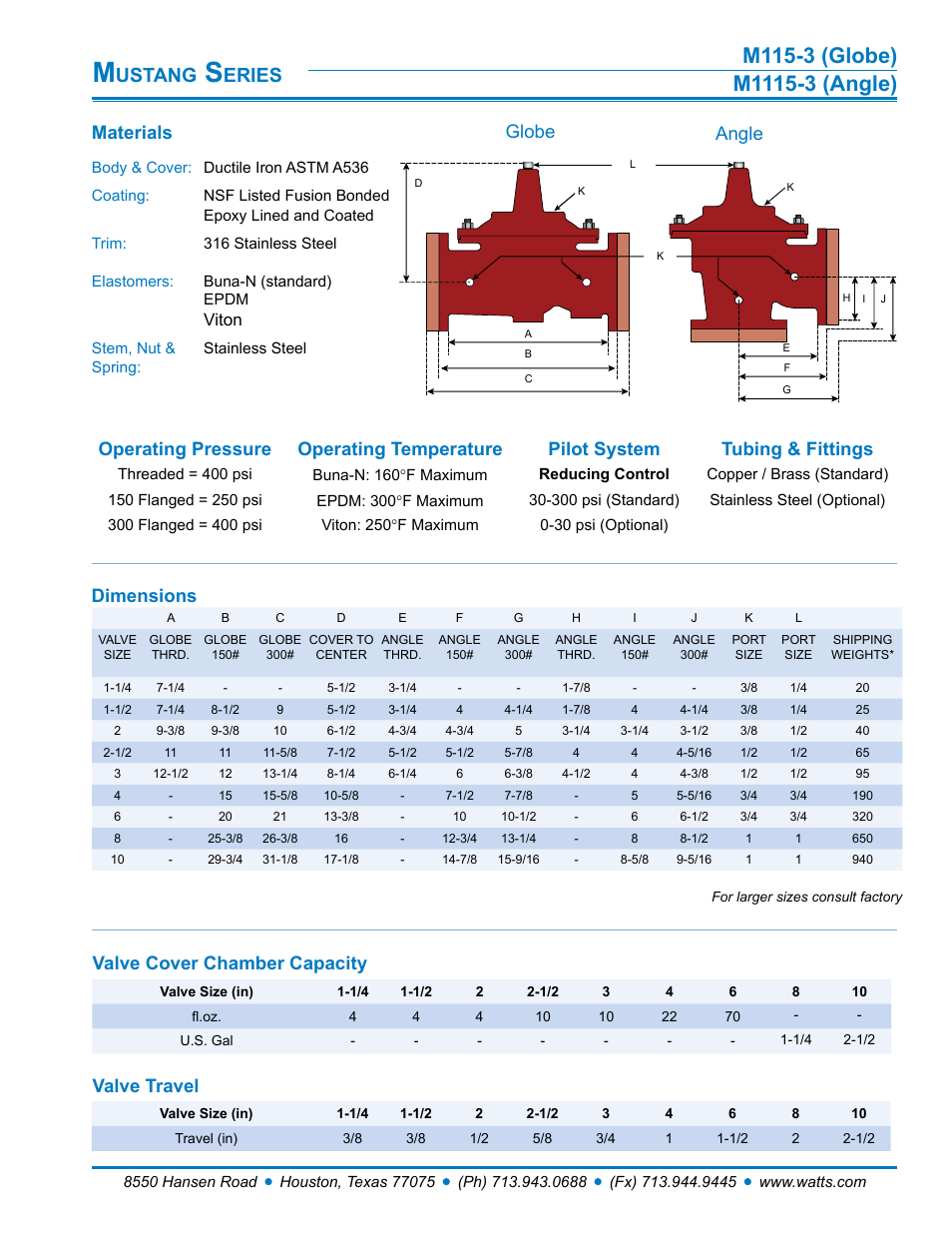 Ustang, Eries, Materials | Globe angle, Valve cover chamber capacity, Valve travel, Dimensions, Viton | Watts M1115-3 User Manual | Page 2 / 7