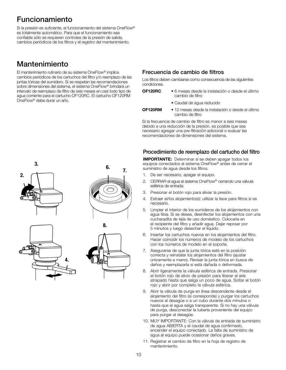 Mantenimiento, Funcionamiento, Procedimiento de reemplazo del cartucho del filtro | Frecuencia de cambio de filtros | Watts OF220-2 User Manual | Page 10 / 20
