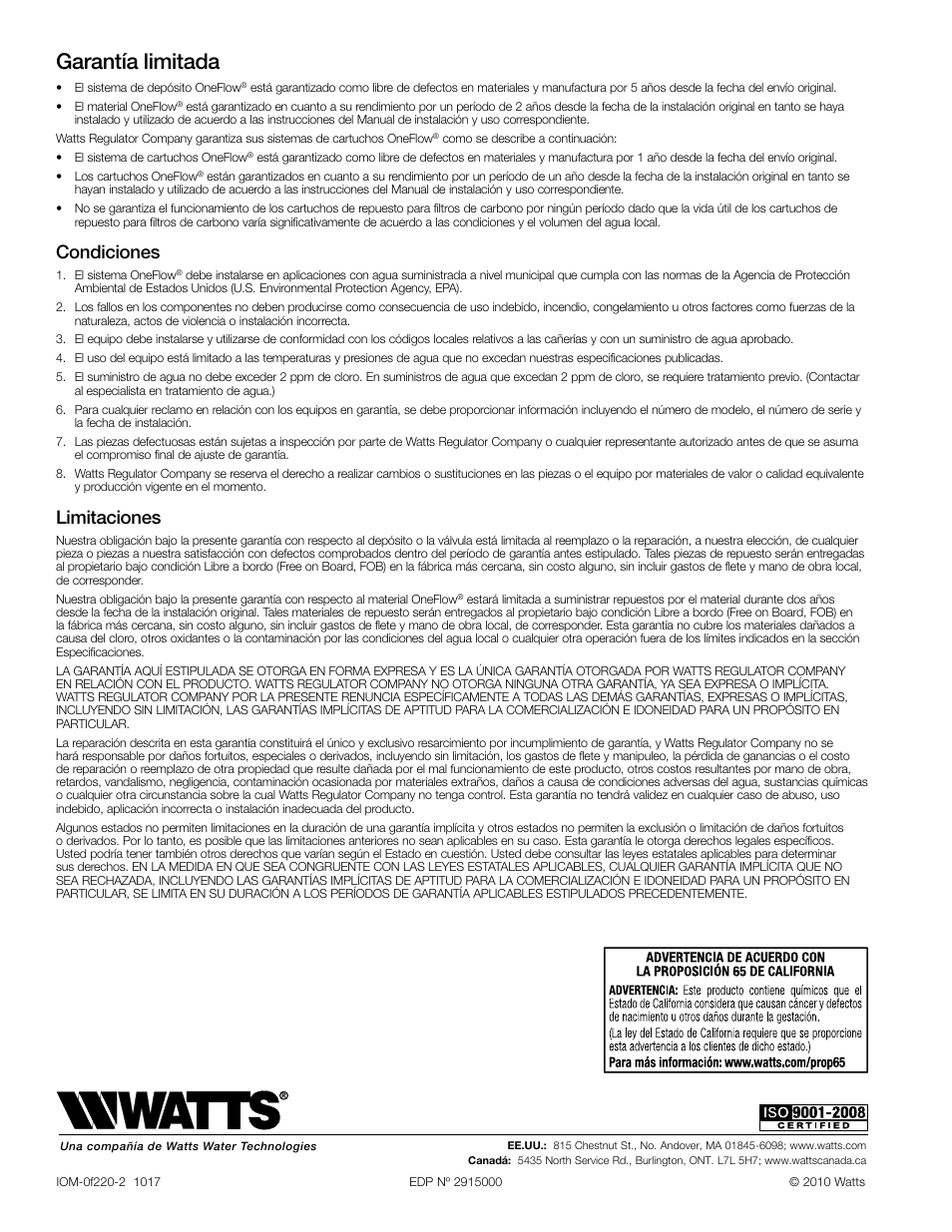 Garantía limitada, Condiciones, Limitaciones | Watts OF220-2 User Manual | Page 12 / 20