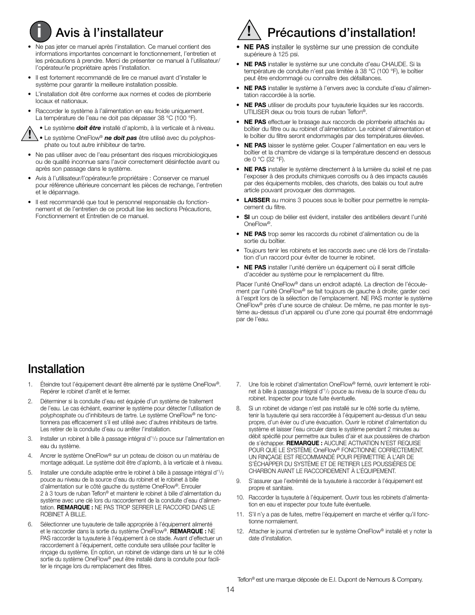 Avis à l’installateur, Précautions d’installation, Installation | Watts OF220-2 User Manual | Page 14 / 20