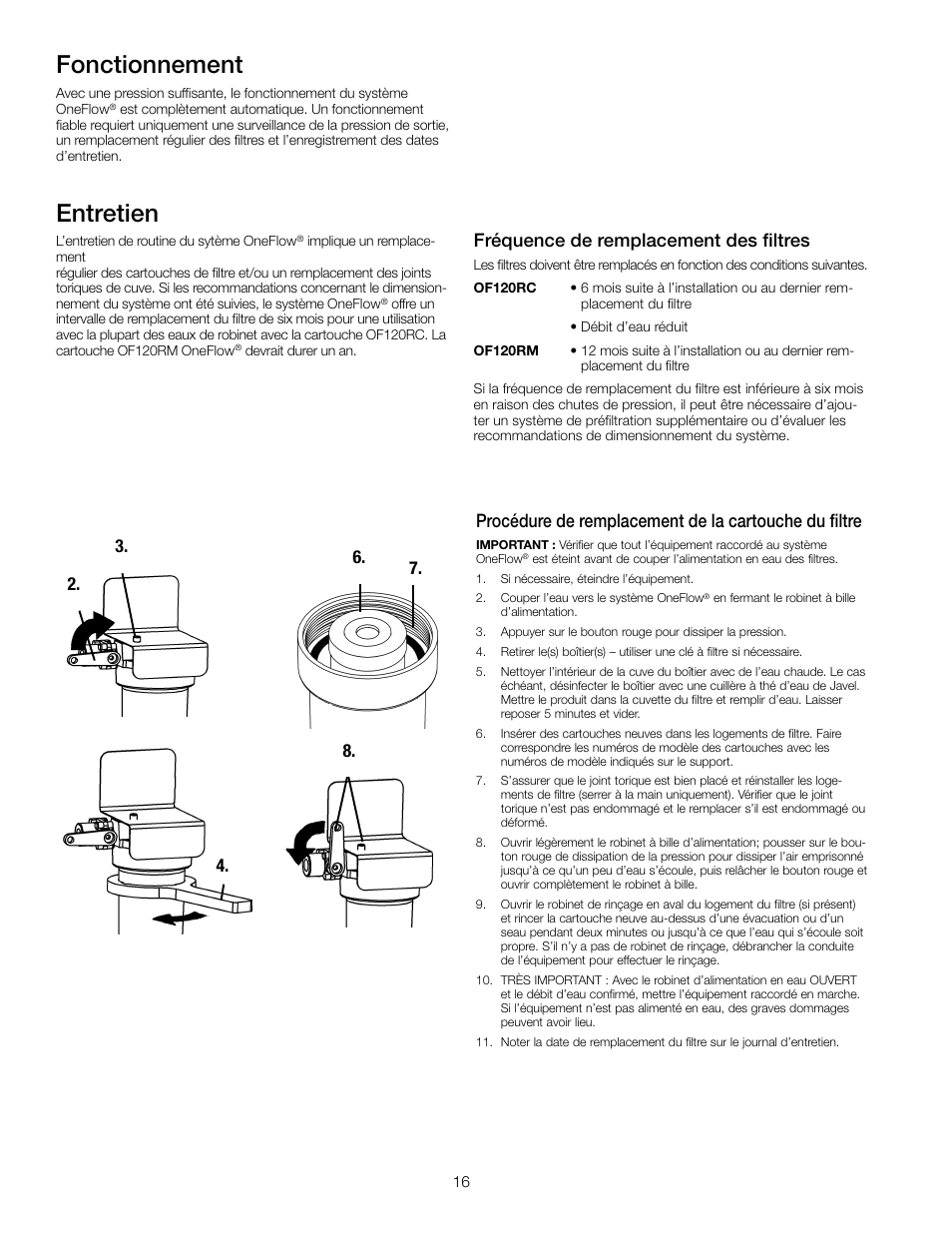 Entretien, Fonctionnement, Fréquence de remplacement des filtres | Watts OF220-2 User Manual | Page 16 / 20