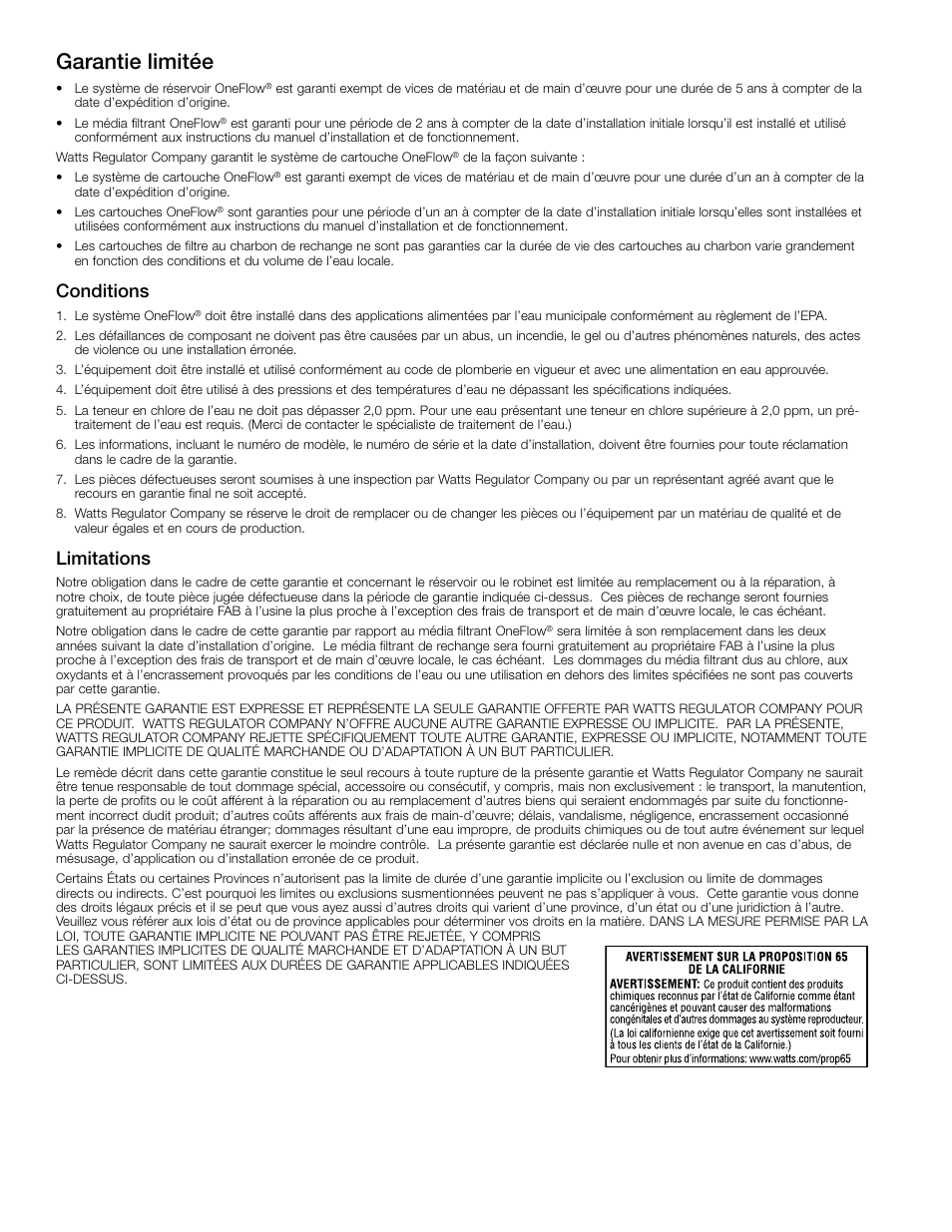 Garantie limitée, Conditions, Limitations | Watts OF220-2 User Manual | Page 18 / 20