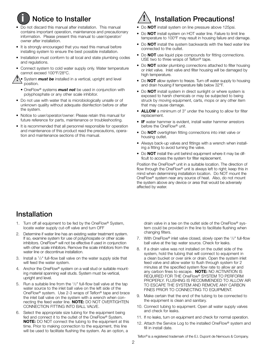 Notice to installer, Installation precautions, Installation | Watts OF220-2 User Manual | Page 2 / 20