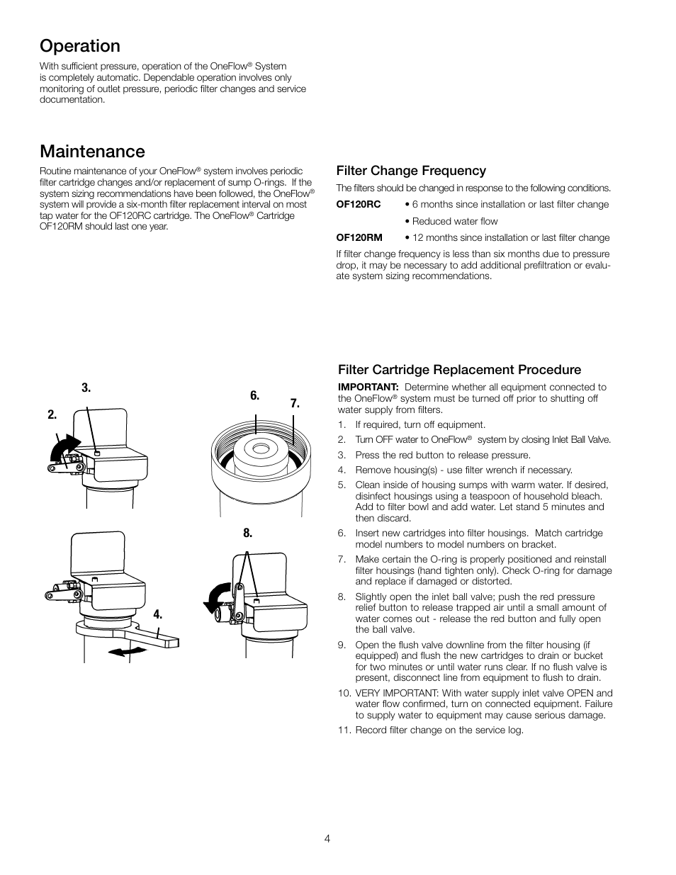 Maintenance, Operation, Filter cartridge replacement procedure | Filter change frequency | Watts OF220-2 User Manual | Page 4 / 20