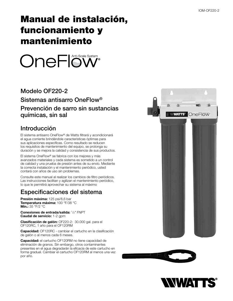 Modelo of220-2 sistemas antisarro oneflow, Introducción, Especificaciones del sistema | Watts OF220-2 User Manual | Page 7 / 20