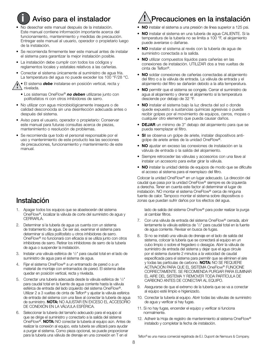 Aviso para el instalador, Precauciones en la instalación, Instalación | Watts OF220-2 User Manual | Page 8 / 20