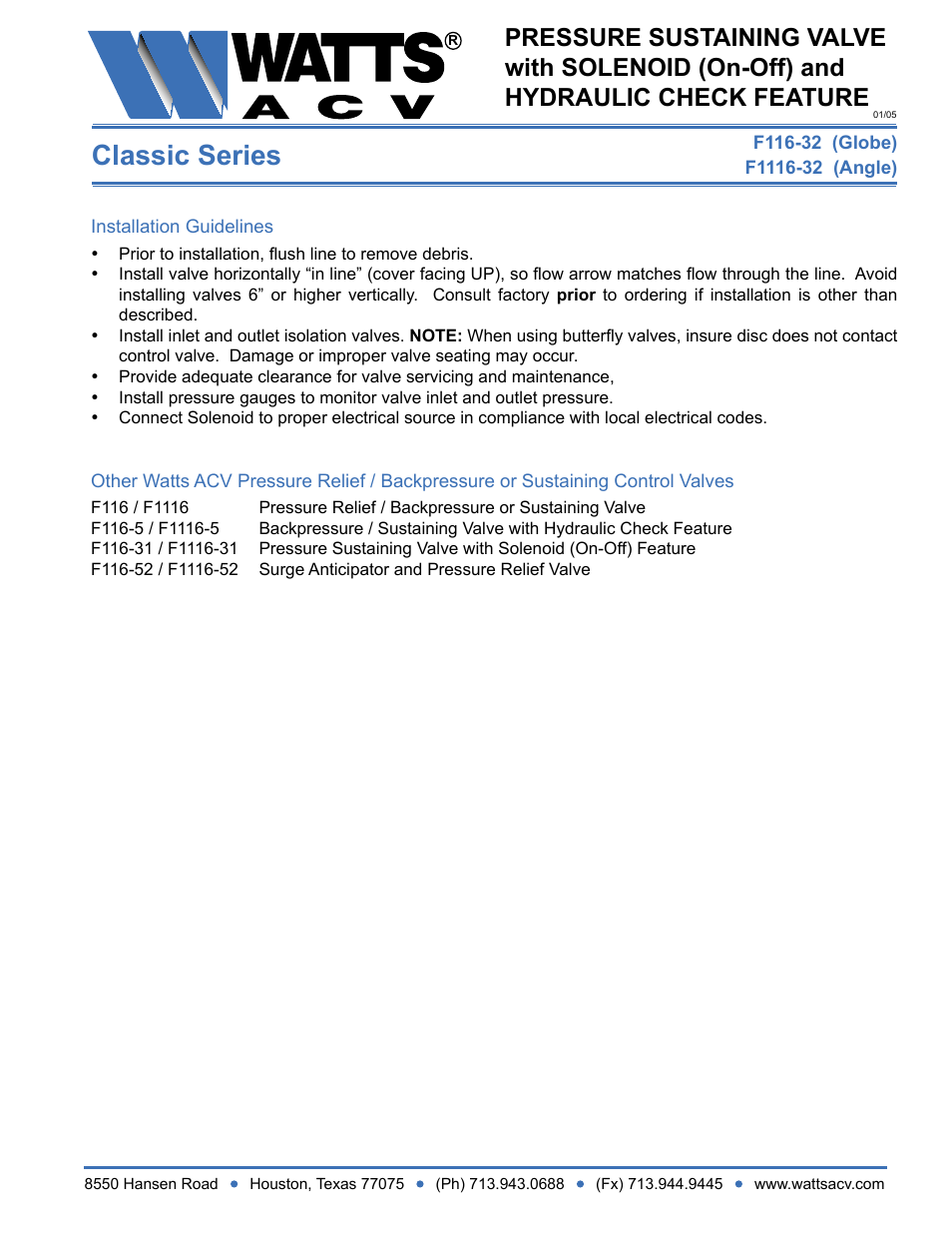 Classic series | Watts F1116-32 User Manual | Page 2 / 2