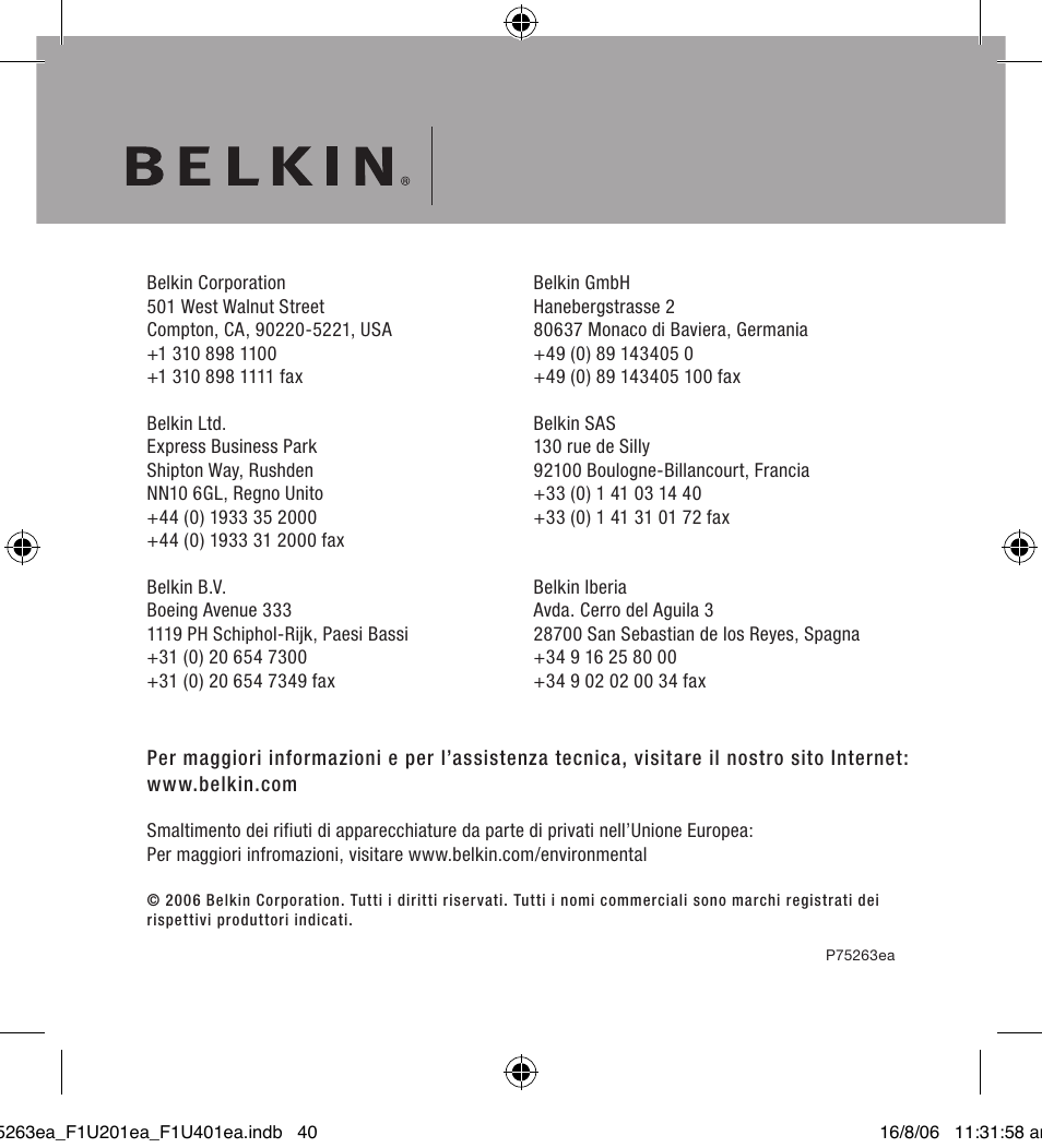 Belkin F1U201VEA1 User Manual | Page 40 / 40