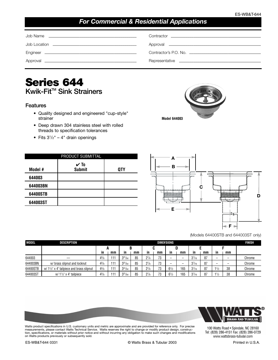 Watts 644 User Manual | 1 page