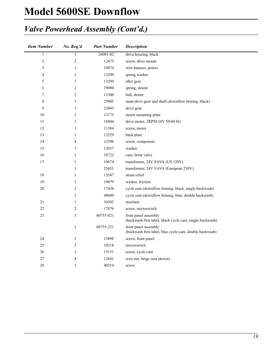 Model 5600se downflow, Valve powerhead assembly (cont’d.) | Watts Fleck 5600 Plastic Valve User Manual | Page 19 / 32