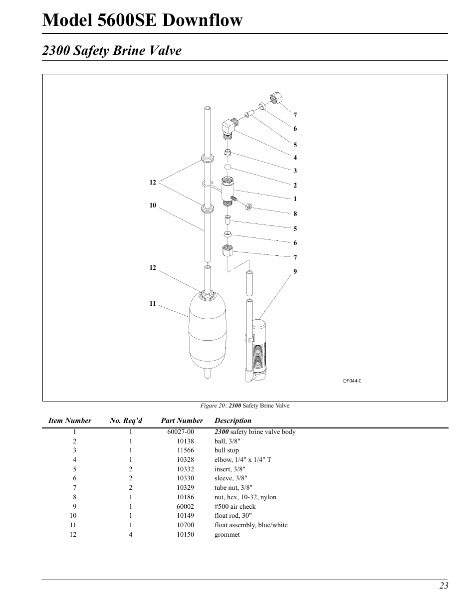 Model 5600se downflow, 2300 safety brine valve | Watts Fleck 5600 Plastic Valve User Manual | Page 23 / 32