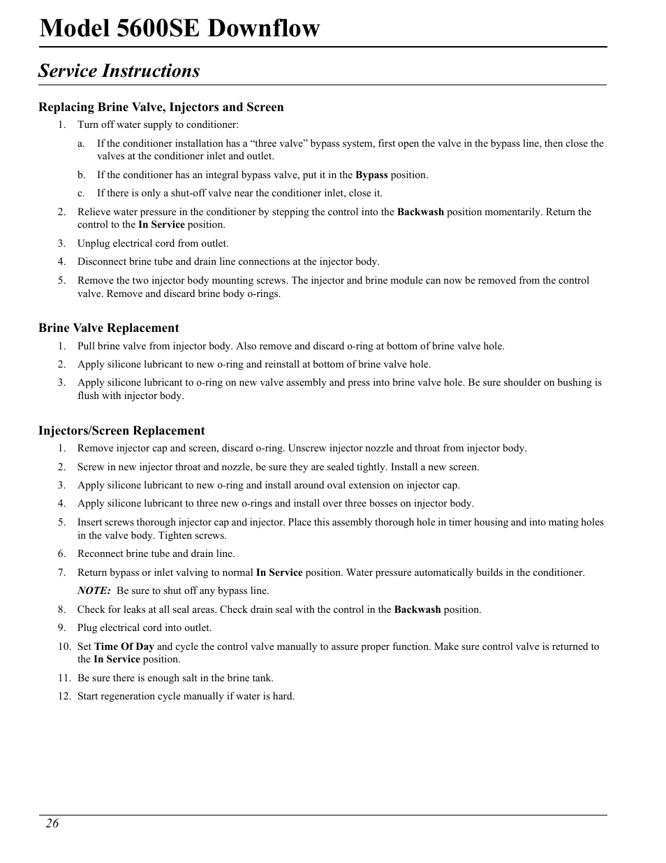 Model 5600se downflow, Service instructions | Watts Fleck 5600 Plastic Valve User Manual | Page 26 / 32