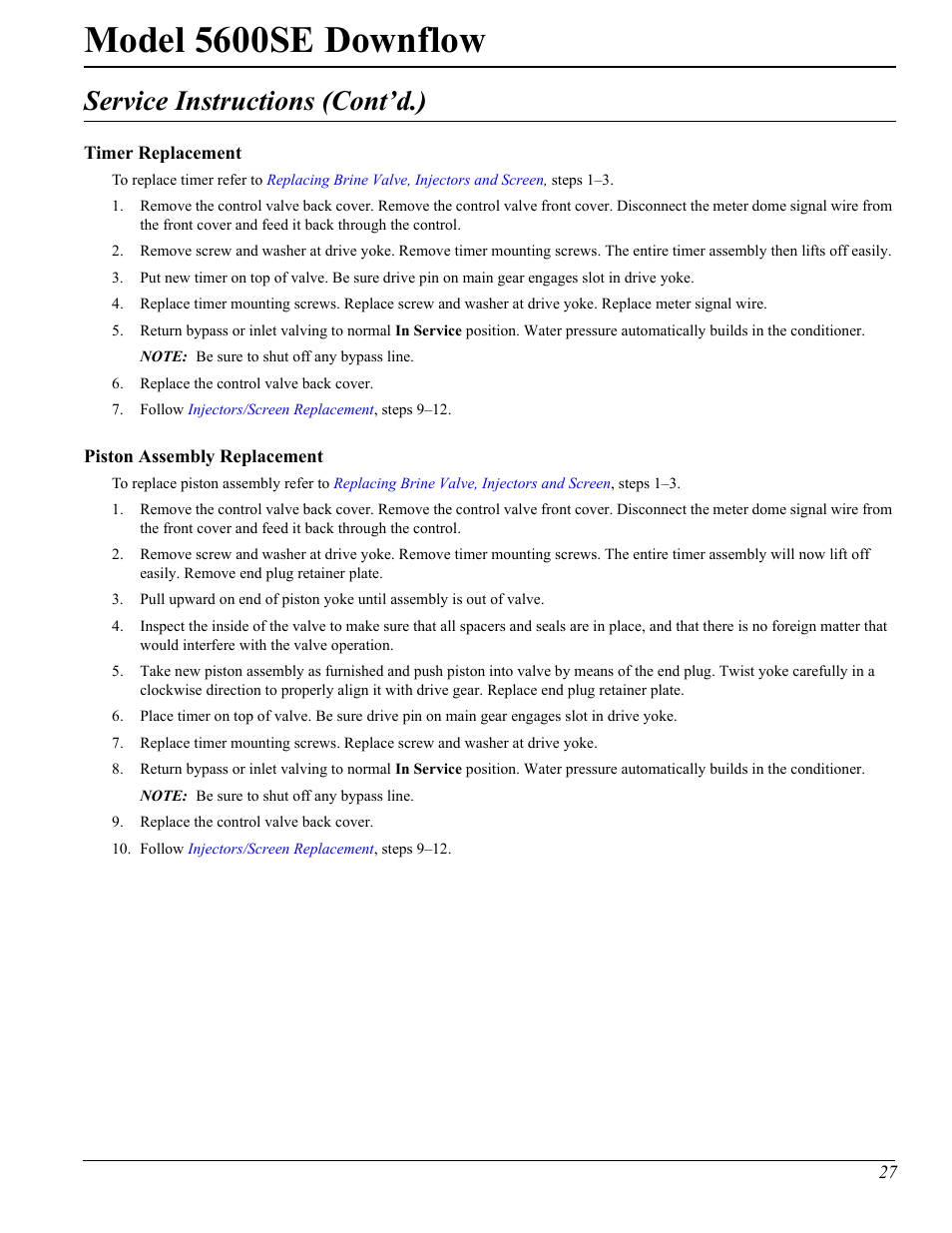 Model 5600se downflow, Service instructions (cont’d.) | Watts Fleck 5600 Plastic Valve User Manual | Page 27 / 32