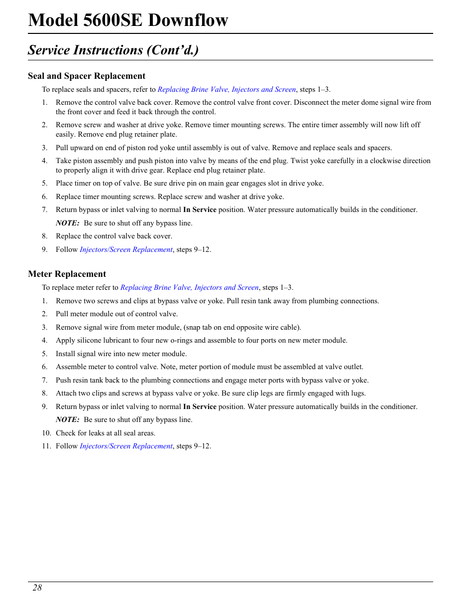 Model 5600se downflow, Service instructions (cont’d.) | Watts Fleck 5600 Plastic Valve User Manual | Page 28 / 32