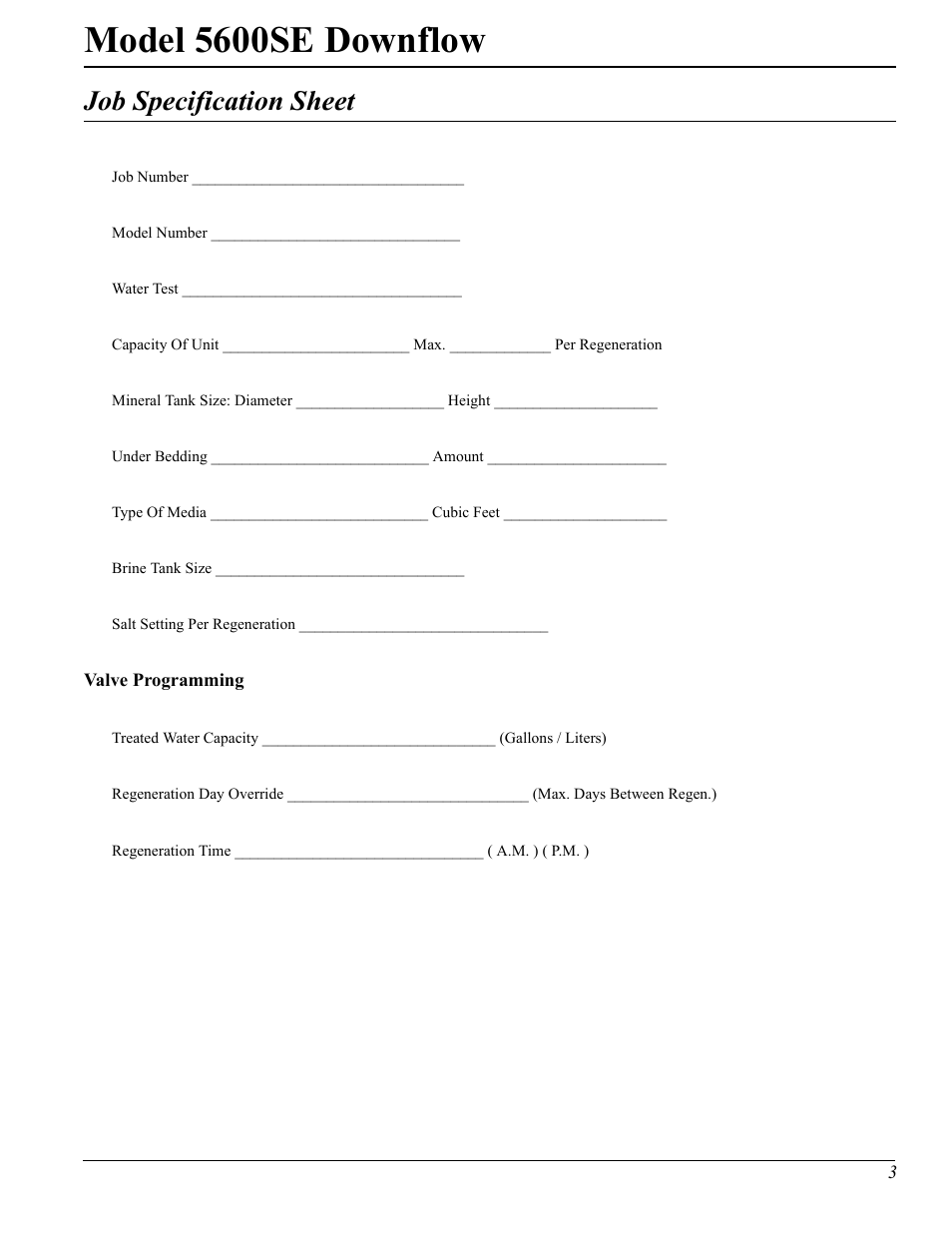 Model 5600se downflow, Job specification sheet | Watts Fleck 5600 Plastic Valve User Manual | Page 3 / 32
