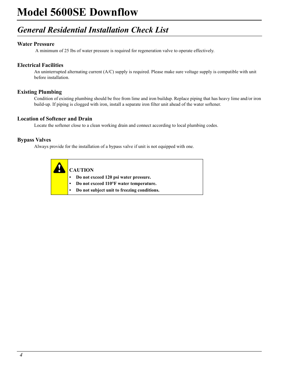 Model 5600se downflow, General residential installation check list | Watts Fleck 5600 Plastic Valve User Manual | Page 4 / 32